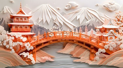 Obraz premium A paper cut illustration of a bridge in a mountainous landscape