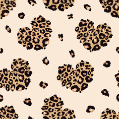 Cute leopard spots heart seamless pattern. Hand drawn brown animal love print. Safari spotted grunge texture background for fashion print, fabric, textile, Valentines day decor. © Ketmut