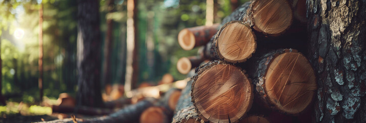 pile of wooden log on forest blur background concept of mass deforestation 