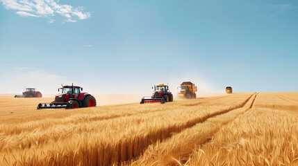 Obraz premium Tractors harvesting wheat in a vast golden field under a clear blue sky, showcasing modern agricultural machinery in action.