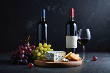 Glass and bottle of red wine with blue cheese and grapes on dark background. Red wine with cheese and fruits. Wine bottle mockup with blank labels to place your design. Space for text