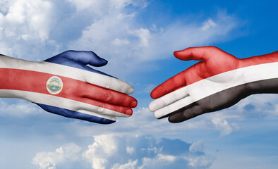 Yemen and Costa Rico country handshaking with flags, consensus concept international co-operation illustration