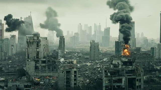 Buildings hit by missiles exploding in a city at war
