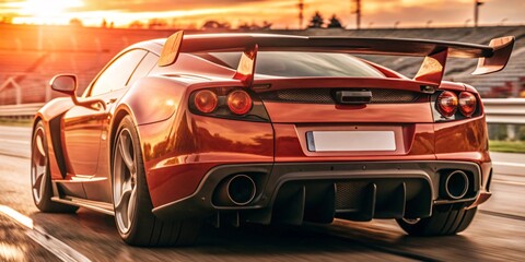 Dynamic Performance: High-Speed Sports Car on the Track. A sleek, modern sports car accelerates down a racetrack, showcasing its aerodynamic design and powerful rear wing. 