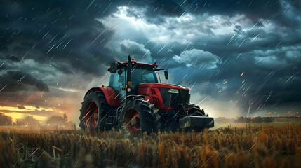 Fototapeta premium A powerful red tractor plowing a field during a dramatic rainy and stormy evening with dark clouds and rain.