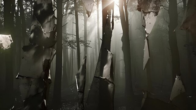 Shadowy forest scene captured through a shattered mirror creating a disorienting and eerie effect.