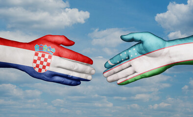 Republic of Uzbekistan and Croatia country handshaking with flags, consensus concept international co-operation illustration