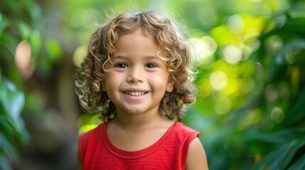 The smiling curly-haired boy