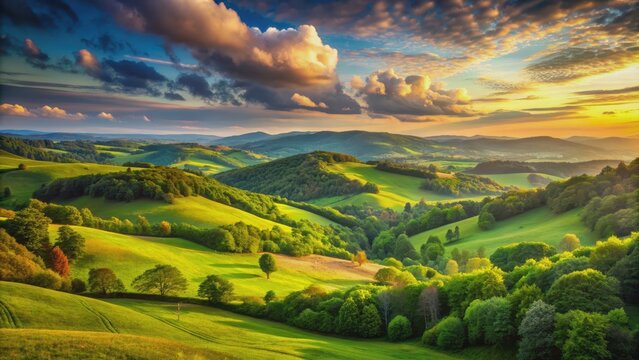 A stunning view of rolling hills and lush greenery against a vibrant sky , nature, landscape, panorama, hills, scenery