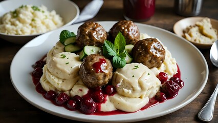 Close-up of a delicious Swedish dish with meatballs, mashed potatoes, lingonberry sauce, and cucumbers.