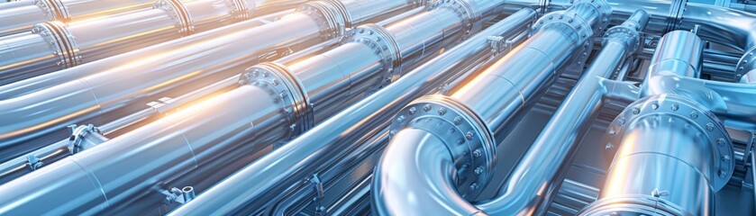 Shiny metal industrial pipes in a modern factory. Silver pipelines in an engineering facility. Close-up of stainless steel tubes with reflections.