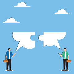 Communicate solution to solve problem, agreement, teamwork or cooperation, conversation message, meeting or discussion concept, business people communicate with connected jigsaw puzzle speech bubble