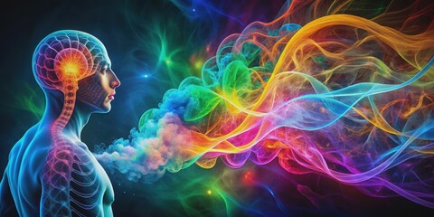 Colorful s of DNA, brain, and human body amidst swirling smoke, vibrant waves, and dynamic energy , DNA, brain, human body, colorful