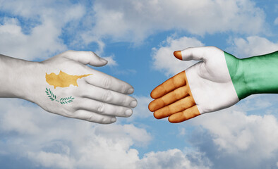 Ivory Coast or Cote d'Ivoire and Cyprus country handshaking with flags, consensus concept international co-operation illustration