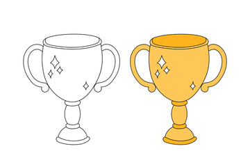 Champion cups vector set. Isolated goblet golden and outline hand drawn elements. Cute doodle illustration. Winner prizes, awards for first place