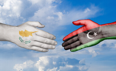 Libya and Cyprus country handshaking with flags, consensus concept international co-operation illustration