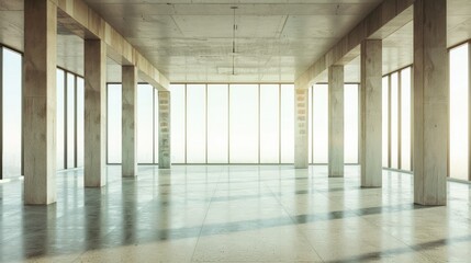 Empty modern hall with columns, doors, and panoramic windows