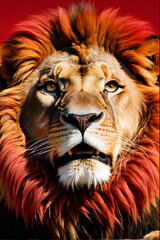 Naklejka premium Portrait of a lion on a red background in the wild.