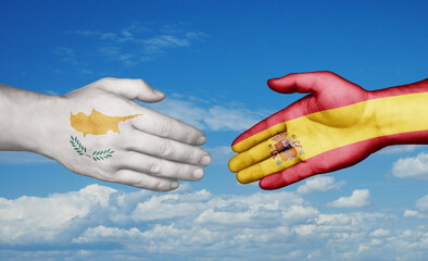 Spain and Cyprus country handshaking with flags, consensus concept international co-operation illustration