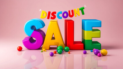 Vibrant discount sale banner featuring bright 3D letters and balls, perfect for advertising retail promotions and clearance deals