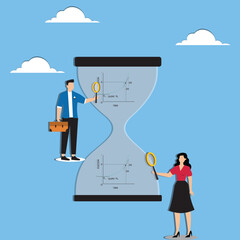 Time management or employee timesheet analysis, time tracking efficiency or productivity, working hour or project schedule concept, business people project manager analyze time graph in sandglass