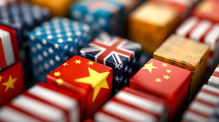 International Trade Concept with Country Flag Blocks