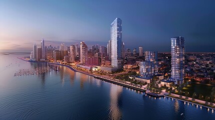 Fototapeta premium Experience the tranquility of the waterfront from above, highlighting the blend of urban and natural elements.