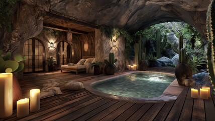 Fototapeta premium Serene Indoor Pool in a Cave Setting