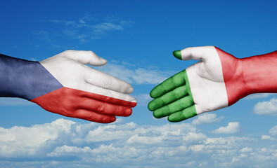 Italy and Czech Republic country handshaking with flags, consensus concept international co-operation illustration