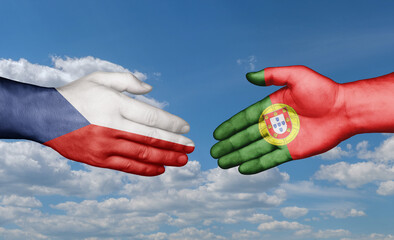 Portugal and Czech Republic country handshaking with flags, consensus concept international co-operation illustration