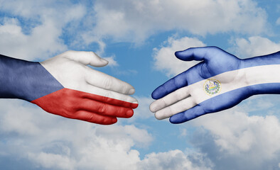 Republic of El Salvador and Czech Republic country handshaking with flags, consensus concept international co-operation illustration