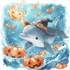 A kawaii Halloween clip art of a playful dolphin in a witchs hat, leaping out of water decorated with pumpkins