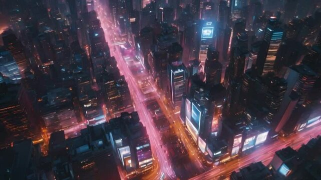 A hype realistic 4K drone shot of a bustling metropolis at night, with neon lights reflecting on wet streets