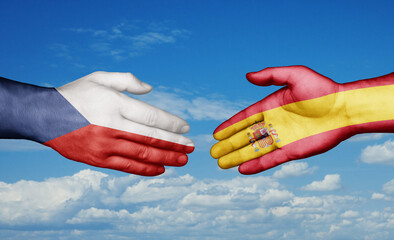 Spain and Czech Republic country handshaking with flags, consensus concept international co-operation illustration