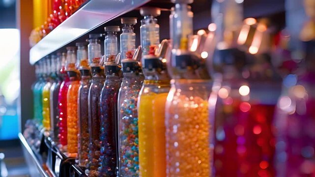 A row of shiny silver dispensers filled with various types of soda and other carbonated beverages.