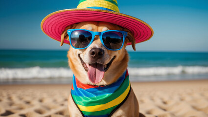 A dog wearing a colorful summer hat and sunglasses sits on a sandy beach, smiling with its tongue sticking out
