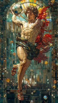 Hermes the Messenger God Kicking Football in Stained Glass Action Scene
