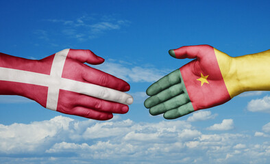 Cameroon and Denmark country handshaking with flags, consensus concept international co-operation illustration