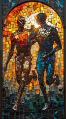 Obraz premium Mythological Deities in a Captivating Relay Race Across a Stained Glass Stadium