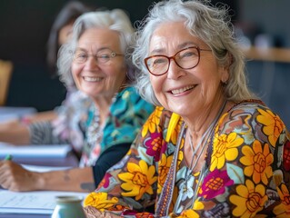Retired community members attending a creative writing workshop, sharing stories and developing writing skills