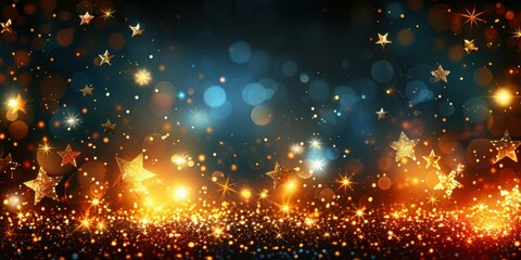 Fototapeta premium A festive and enchanting background filled with shimmering golden stars and glowing orbs of light.