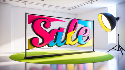 Vibrant Sale sign in a modern studio setting with bright lights, perfect for advertising and promoting merchandise with artistic flair
