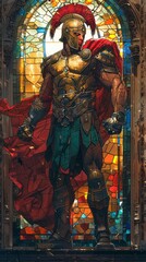 Obraz premium Powerful God of War Performs Shadow Boxing in Dramatic Stained Glass Cathedral