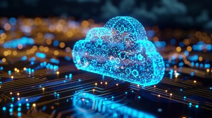 Obraz premium Digital cloud computing network. Abstract cloud computing concept with a digital cloud icon hovering over a futuristic circuit board.