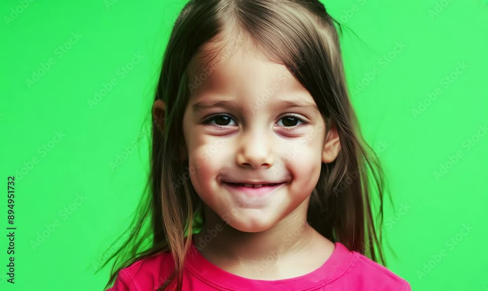 Poster Portrait of a cute smiling little girl on a green background.