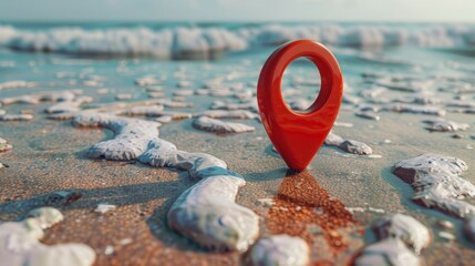 Red location marker on beach sand. A red location marker stands on the sandy beach, surrounded by foamy waves, inviting exploration and adventure.