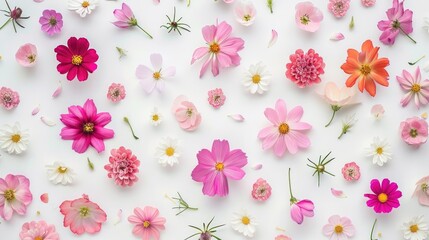 Fototapeta premium Top view of spring flowers on white background