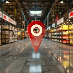 Fototapeta premium Location pin in retail store. Red location pin hovering in a retail store aisle, symbolizing store location, navigation, and finding products in the market.