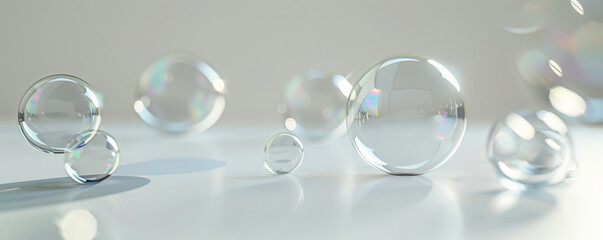 Transparent soap bubbles drifting gracefully on a blank white surface, with subtle reflections and refractions visible within each bubble. The minimalist background enhances the elegance and
