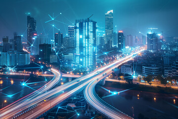 Fototapeta premium Ho Chi Minh city in Vietnam with smart city and communication network concept. Wireless telecommunication communication technology.